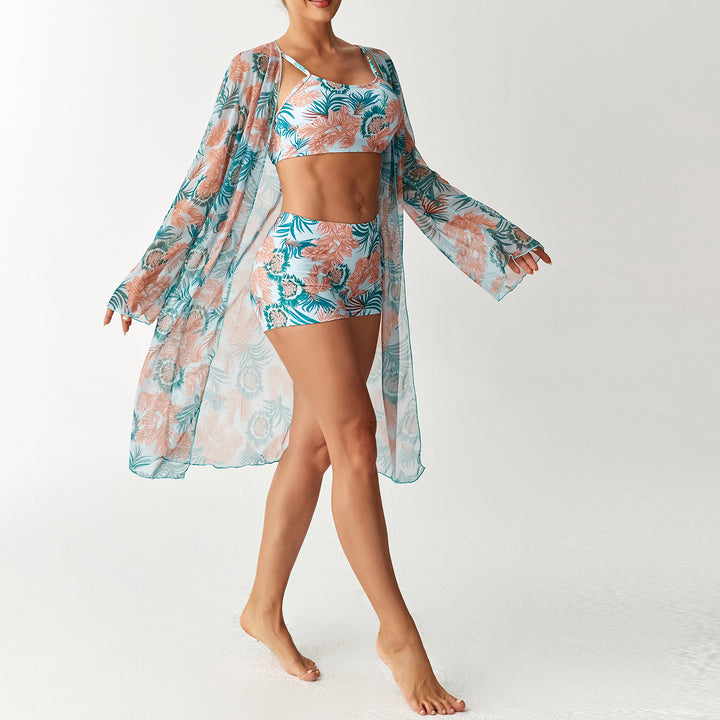 Women's beach outfit with floral design and transparent kaftan Mune Fashion