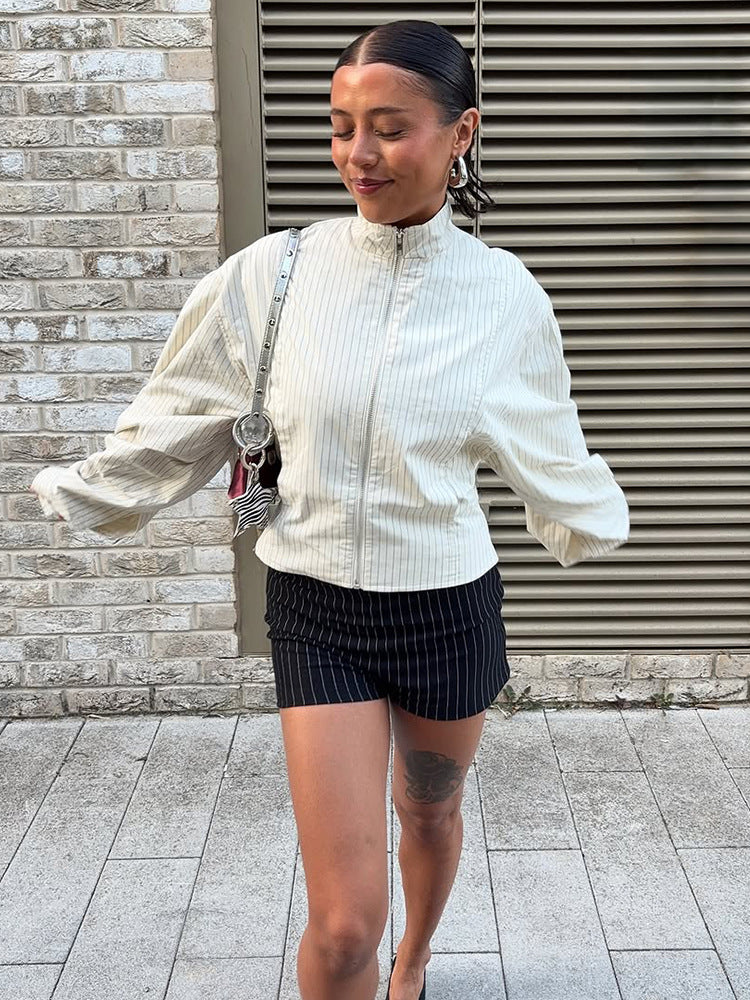 Women Short fitted bomber jacket with stand-up collar and fine pinstripe texture Mune Fashion