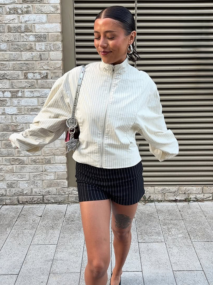Women Short fitted bomber jacket with stand-up collar and fine pinstripe texture Mune Fashion
