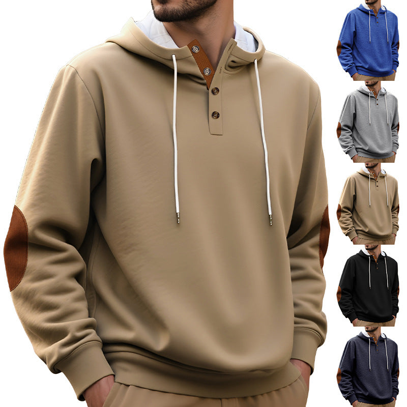 Men's hooded sweatshirt in a puristic leisure style with Henley button placket, contrasted hood interior, and elbow patches Mune Fashion