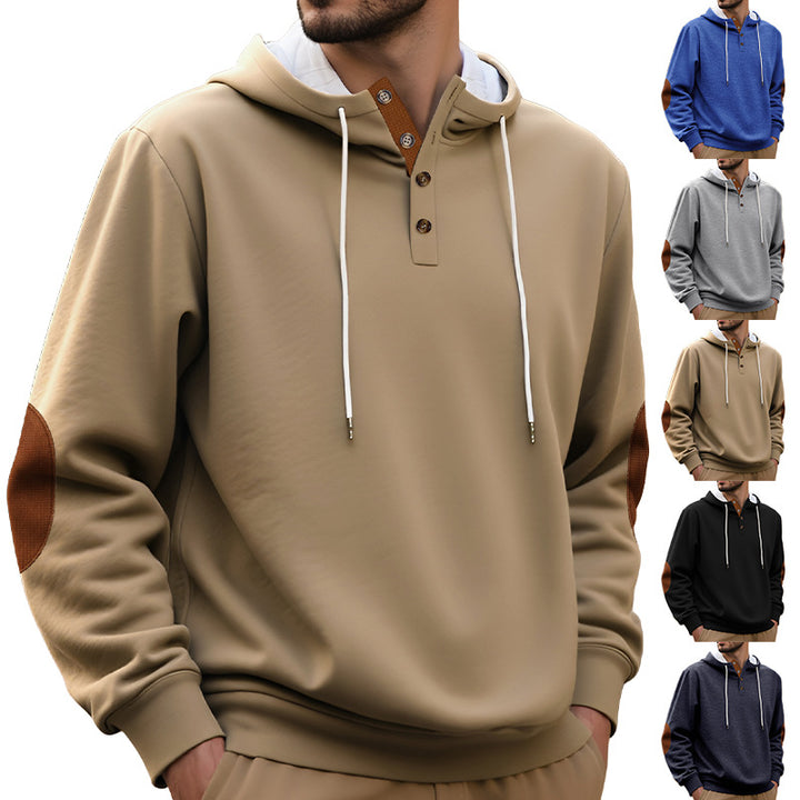 Men's hooded sweatshirt in a puristic leisure style with Henley button placket, contrasted hood interior, and elbow patches Mune Fashion