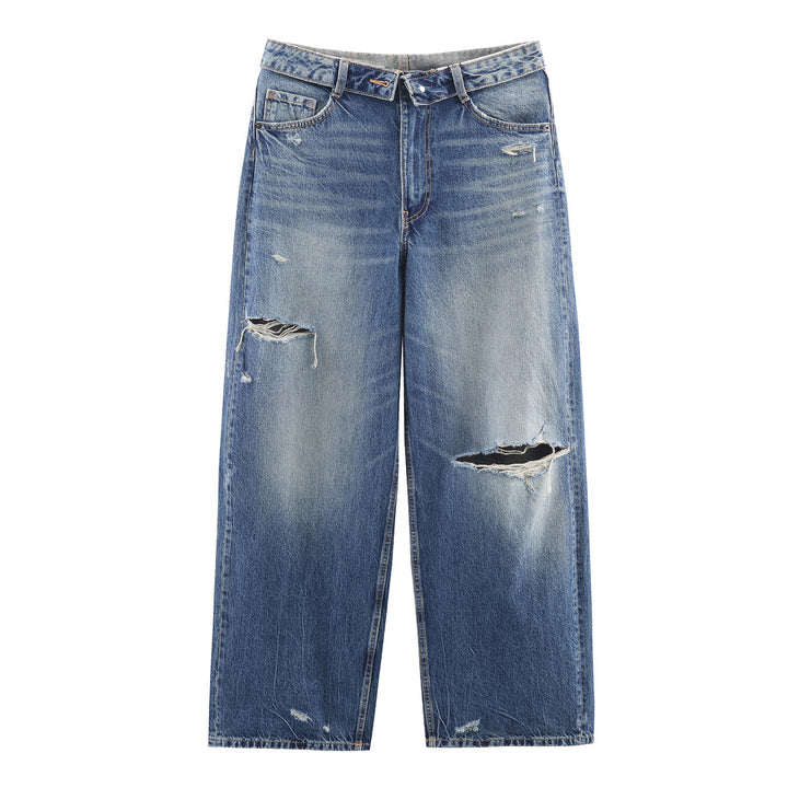 Women's wide jeans with a high waistband worn look straight leg and fringe rips Mune Fashion