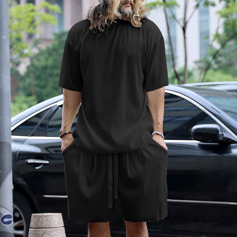 Men's modern ribbed leisure set with wide short-sleeve shirt and elastic drawstring pants Mune Fashion