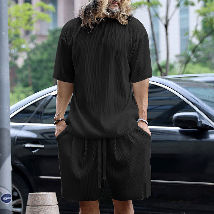Men's modern ribbed leisure set with wide short-sleeve shirt and elastic drawstring pants Mune Fashion