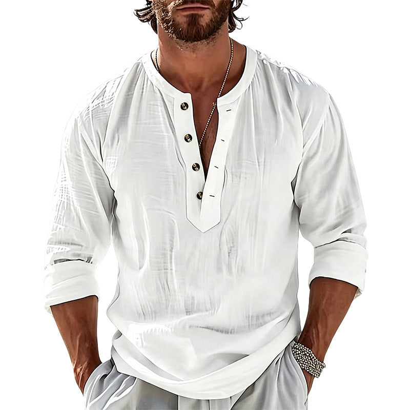 Men's Lightweight Linen Henley Long Sleeve Shirt with Mandarin Collar Mune Fashion