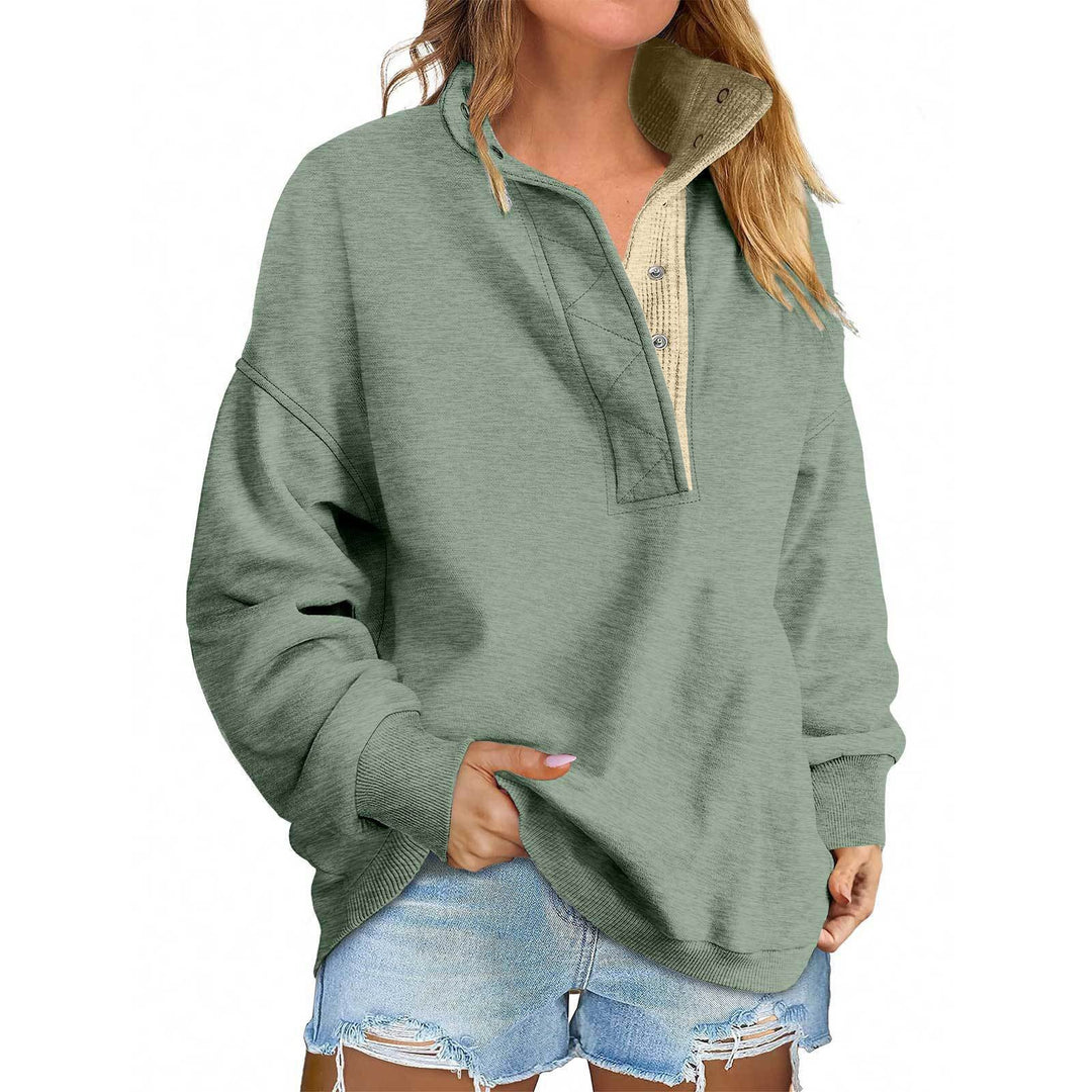 Women's Oversized Henley Sweatshirt with Stand-Up Collar and Snap Button Placket Mune Fashion