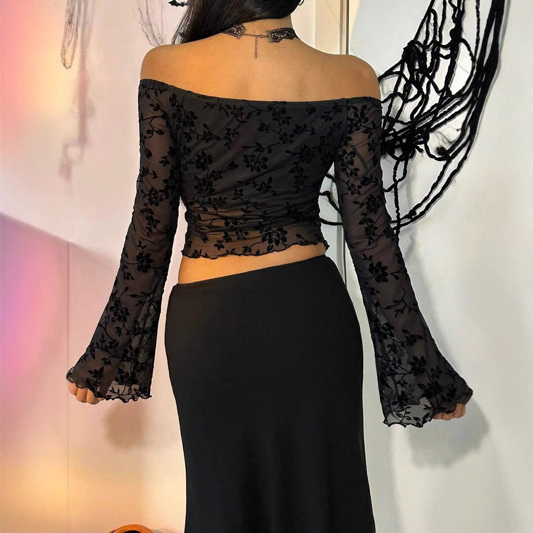 Women non-transparent mesh top with floral velvet flock appliqué, Carmen neckline and short waist hem Mune Fashion