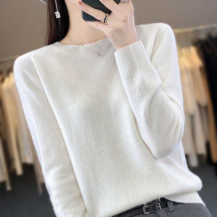 Ladies luxurious fine knit round neck sweater with soft fluffy finish and narrow cuff shape Mune Fashion