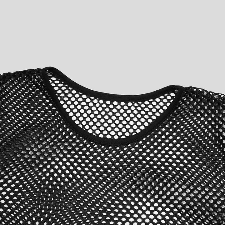 Unisex transparent diamond net long sleeve shirt with round neck Mune Fashion