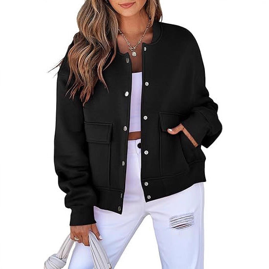 Women's casual oversized bomber jacket made of sweatshirt fabric with snap button placket and patch pockets Mune Fashion