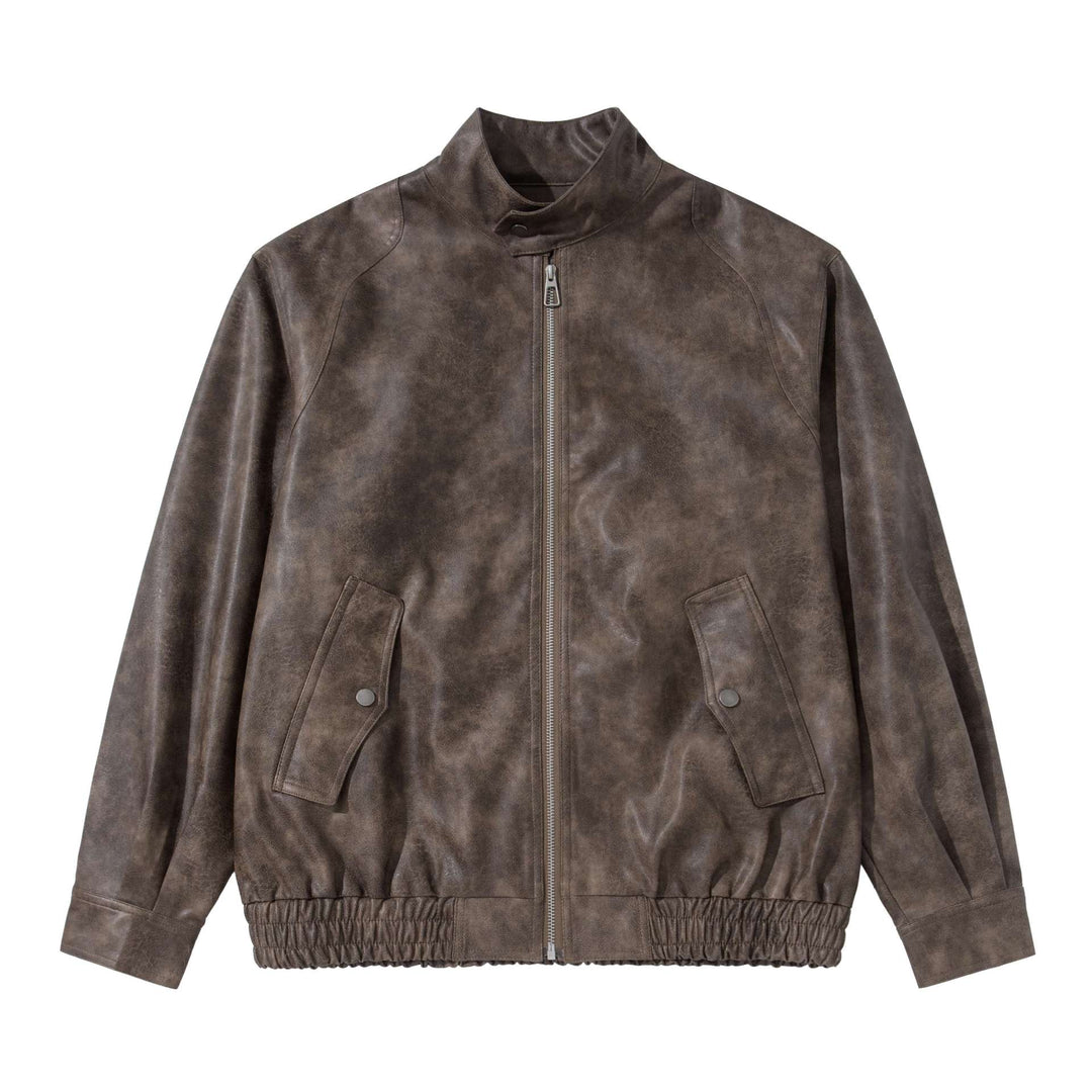 Men's vintage-inspired faux leather bomber jacket with funnel collar, flap pockets, and elastic hem Mune Fashion