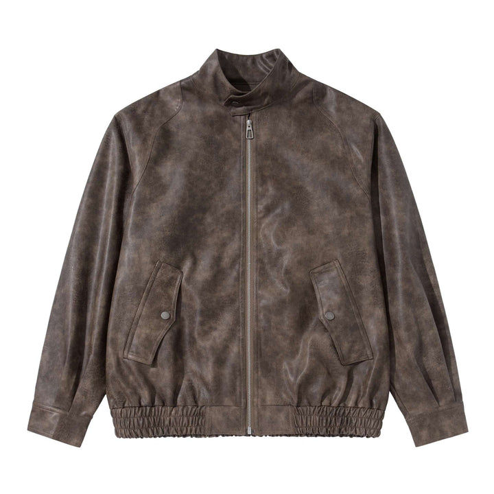 Men's vintage-inspired faux leather bomber jacket with funnel collar, flap pockets, and elastic hem Mune Fashion