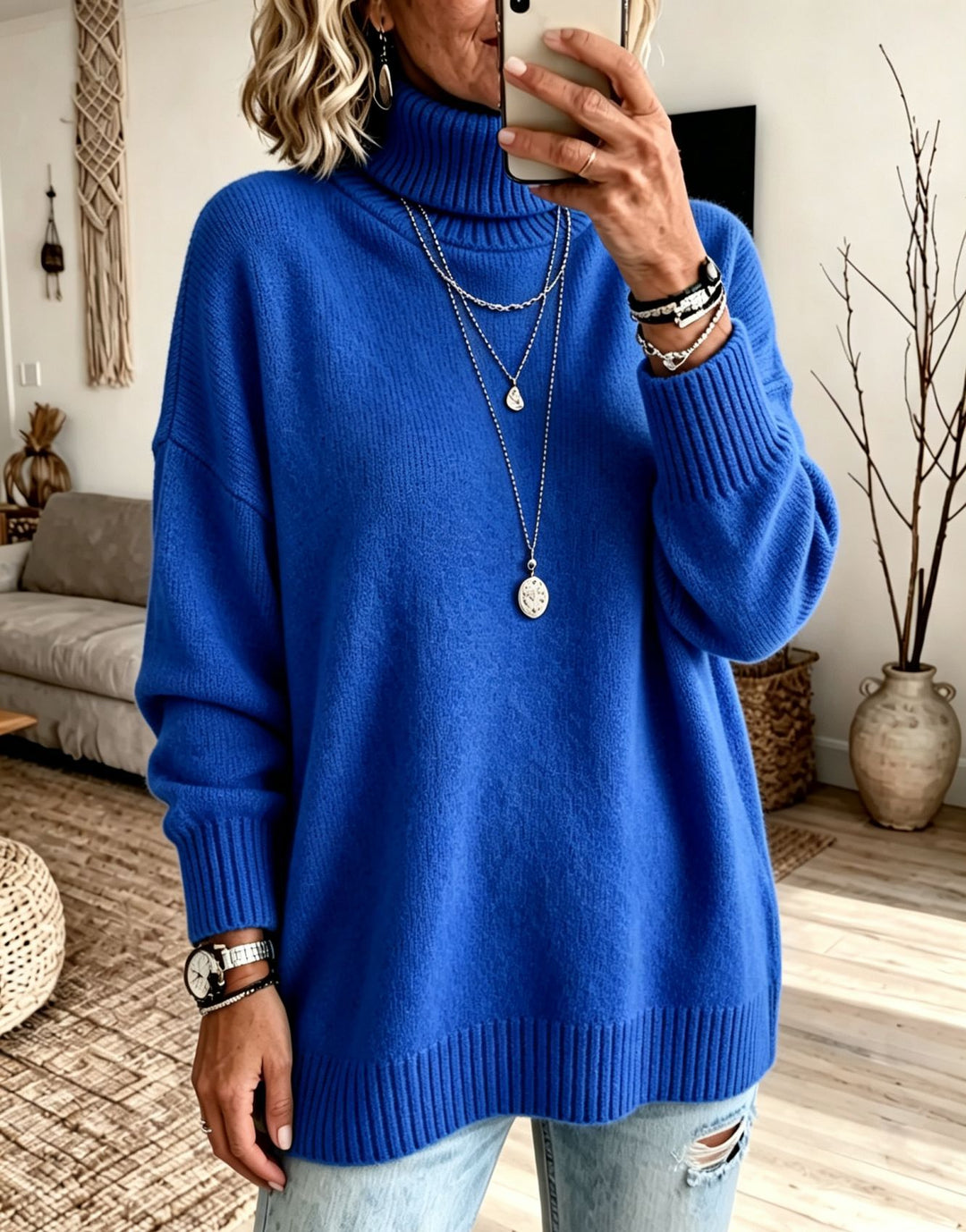 Women's Oversize Rollneck Sweater made of fine knit with ribbed cuffs and dropped shoulders Mune Fashion