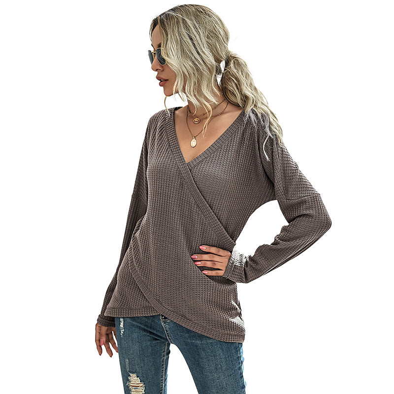 Women's Waffle Knit Wrap Top with V-Neck and Long Oversized Sleeve Fit Mune Fashion