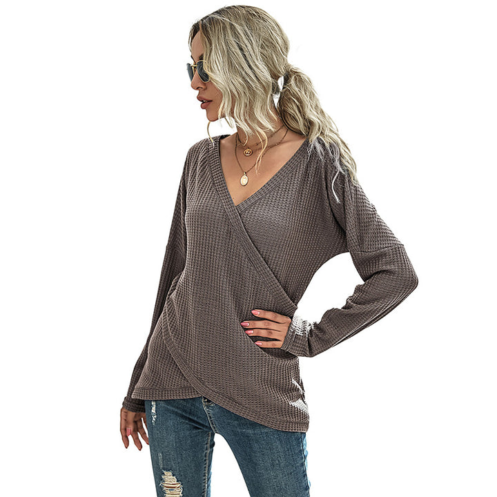 Women's Waffle Knit Wrap Top with V-Neck and Long Oversized Sleeve Fit Mune Fashion