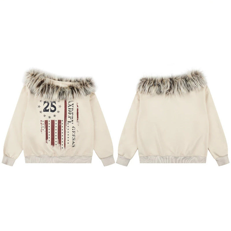 Women's hooded sweatshirt with removable faux fur collar and vintage print Mune Fashion