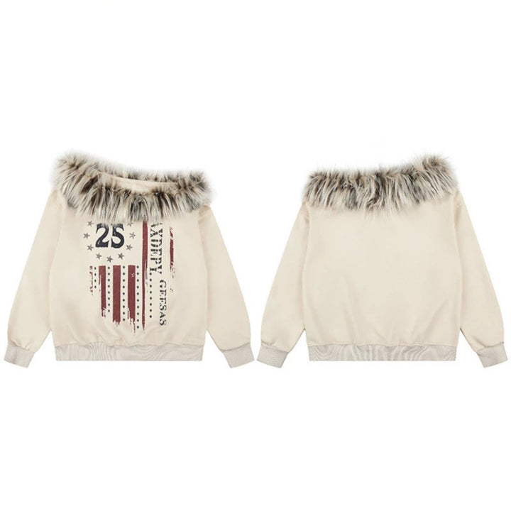 Women's hooded sweatshirt with removable faux fur collar and vintage print Mune Fashion