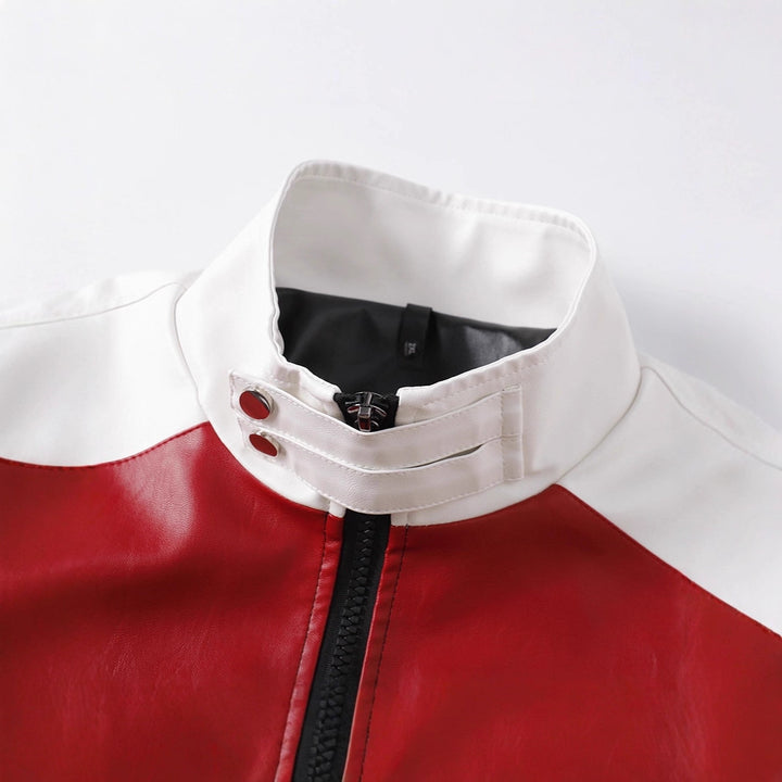 Men's Colorblock Faux Leather Bomber Jacket with Stand Collar and Double-Sided Zipper Mune Fashion