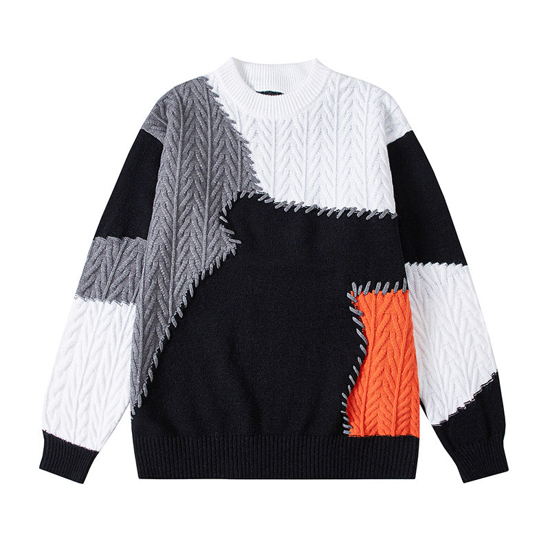 Men's structured patchwork knit sweater with cable pattern and round neck Mune Fashion