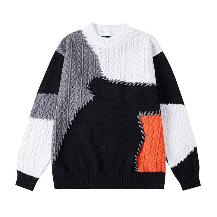 Men's structured patchwork knit sweater with cable pattern and round neck Mune Fashion