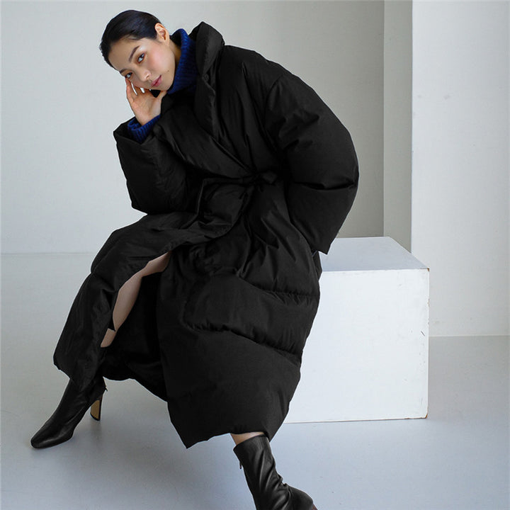 Women's Oversized Padded Maxi Coat with High Stand-Up Collar, Tie Belt and Windproof Filling Mune Fashion