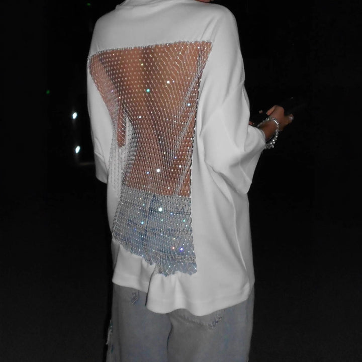 Women's oversized T-shirt with transparent mesh back, rhinestone embellishment and jeans print Mune Fashion