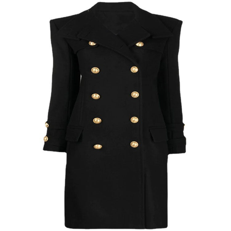 Ladies Elegant Wool Blend Long Coat in Marine Inspired Double Breasted with Oversized Shawl Collar and Decorative Sleeves Mune Fashion