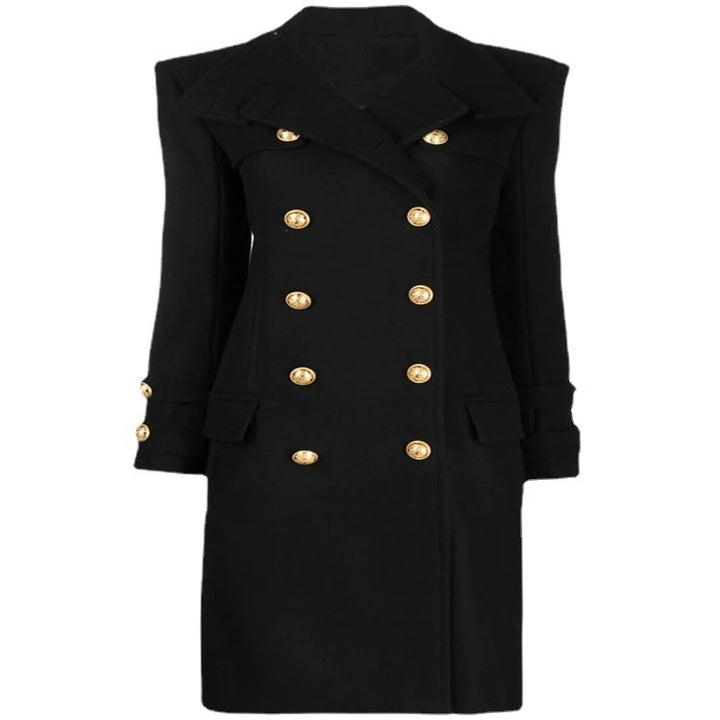 Ladies Elegant Wool Blend Long Coat in Marine Inspired Double Breasted with Oversized Shawl Collar and Decorative Sleeves Mune Fashion