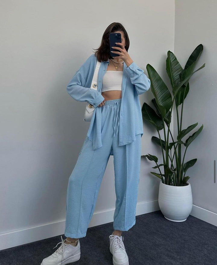 Women's Casual Two-Piece Lounge Set Made of Crêpe with Oversized Shirt and High Elastic Waistband Mune Fashion
