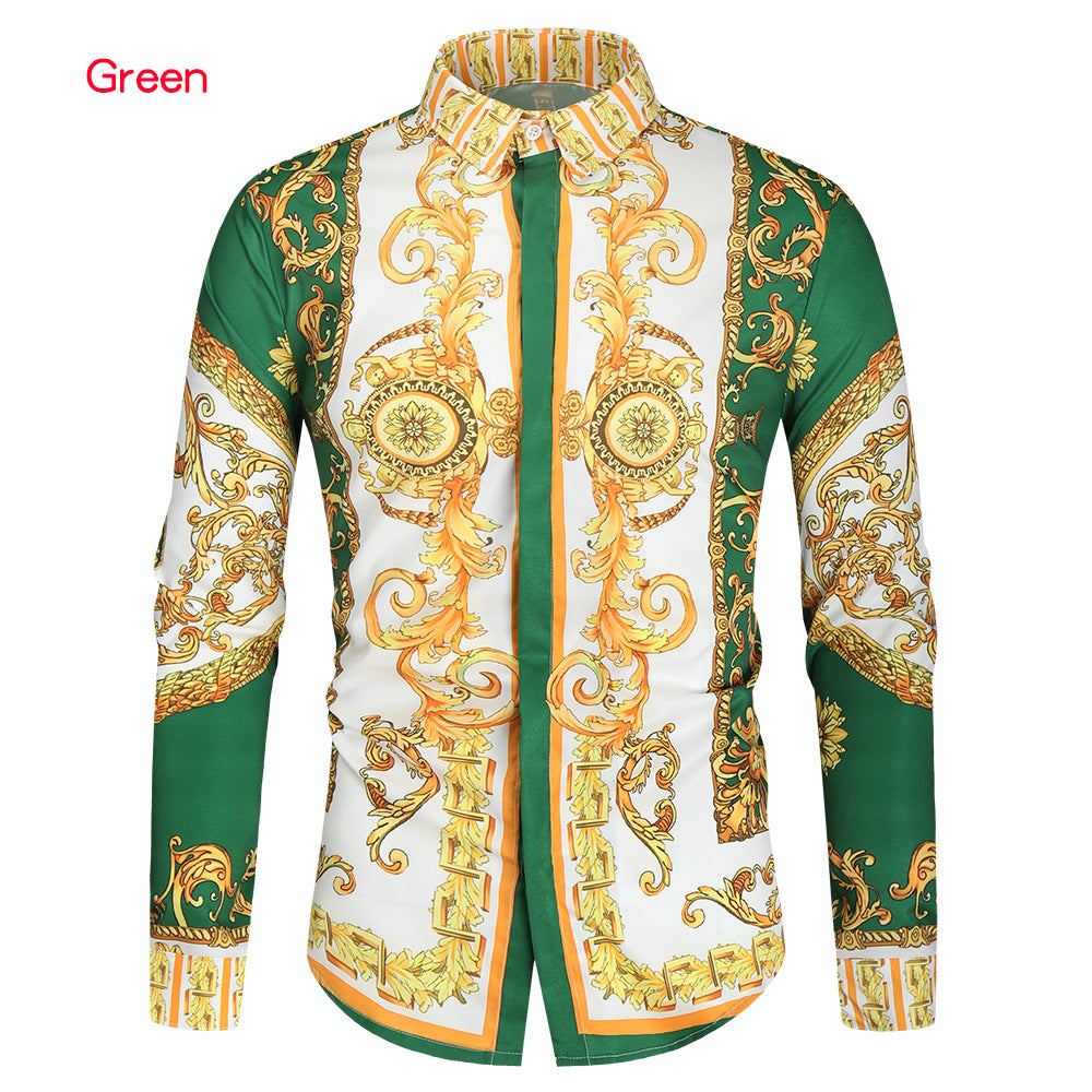 Men's Baroque Long-Sleeve Shirt with Ornamental Print, Kent Collar and Tailored Fit Mune Fashion