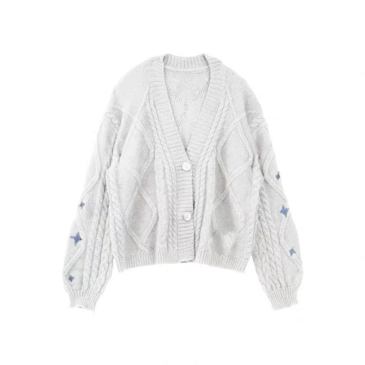 Women's oversized knitted cardigan with cable pattern and star applications V-neck button placket Mune Fashion