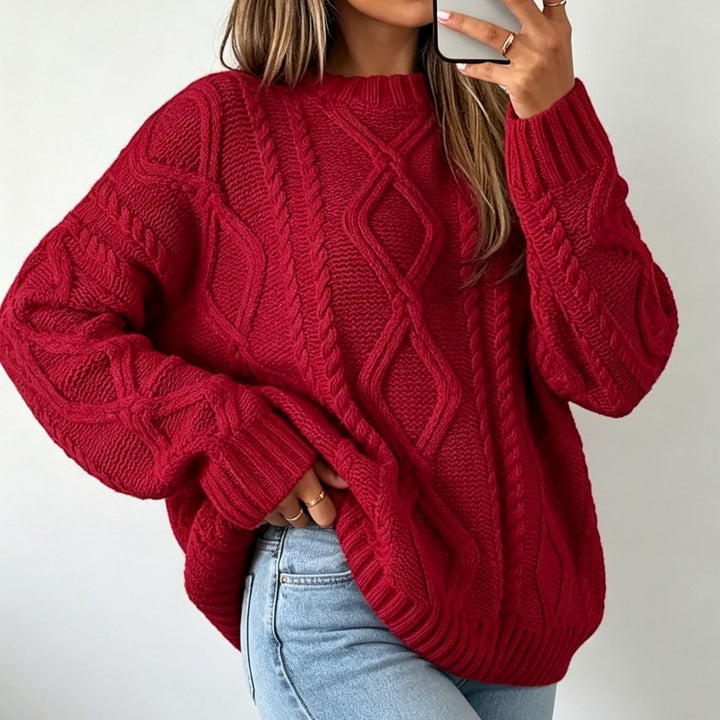 Women's Oversize Braided Knit Sweater with Cable Pattern and Round Neck Mune Fashion