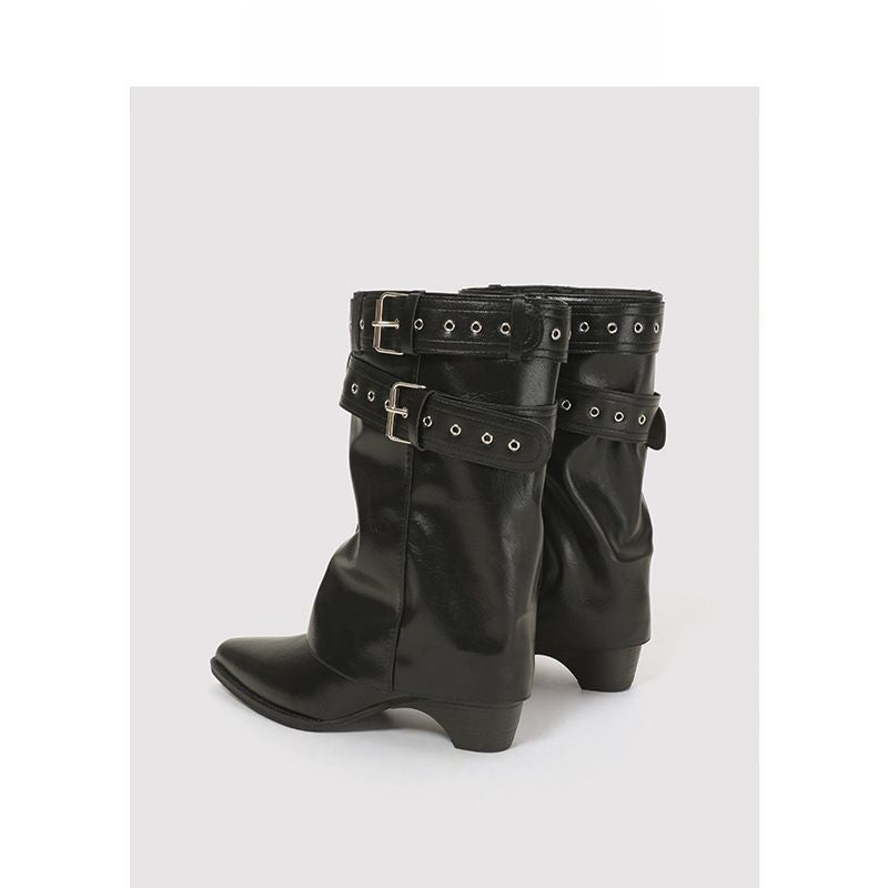 Women's slouch boots with pointed toe, buckle strap and low heel Mune Fashion