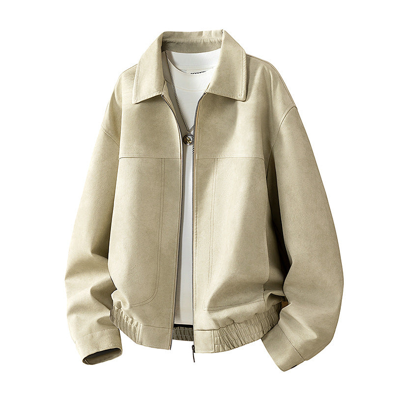 Men's Oversized Velour-Look Transitional Blouson with Shirt Collar, Zipper & Elastic Hem