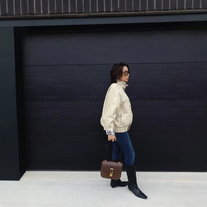 Women Short Boxy Field Jacket with High Funnel Collar and Checked Sleeve Cuffs Mune Fashion