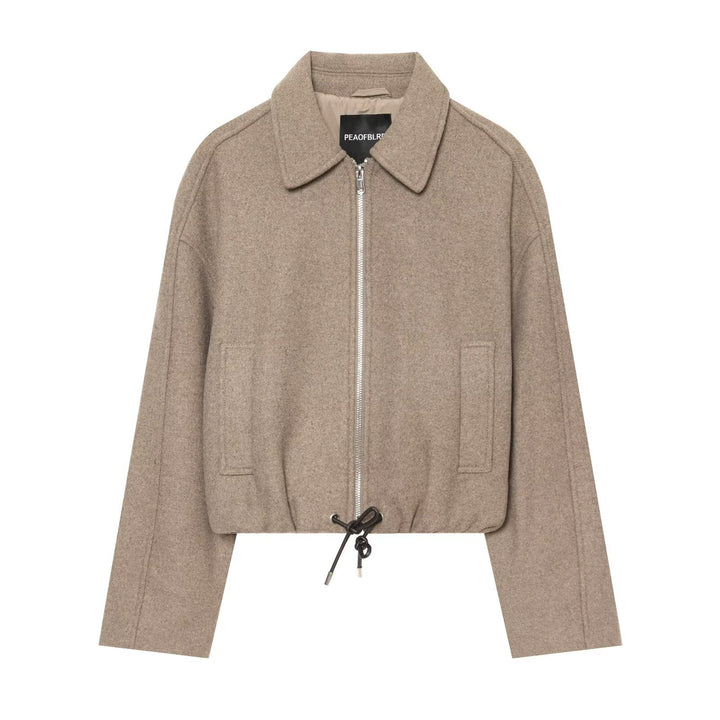 Women's short wool blend jacket with front zipper and drawstring hem Mune Fashion