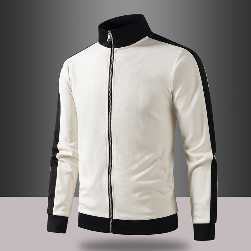 Men's retro track jacket with stand-up collar, contrast stripes, and visible zipper Mune Fashion