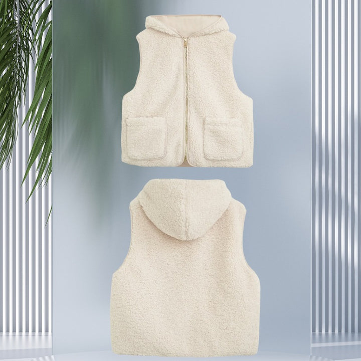 Women Padded Sherpa Vest with Hood, Zipper and Patch Pockets Mune Fashion