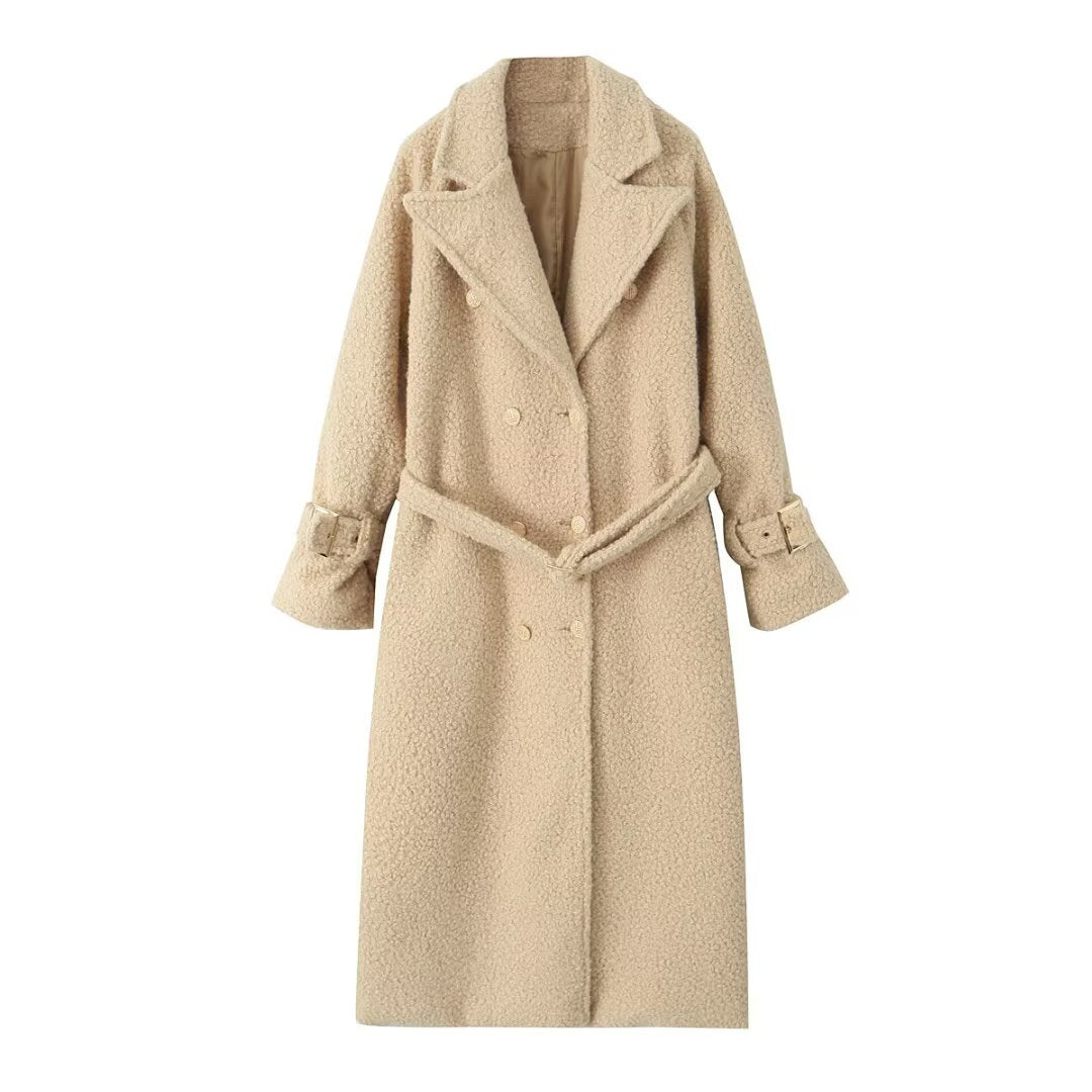 Women's Double-Breasted Teddy Coat with Tie Belt and Buckle Sleeves Mune Fashion