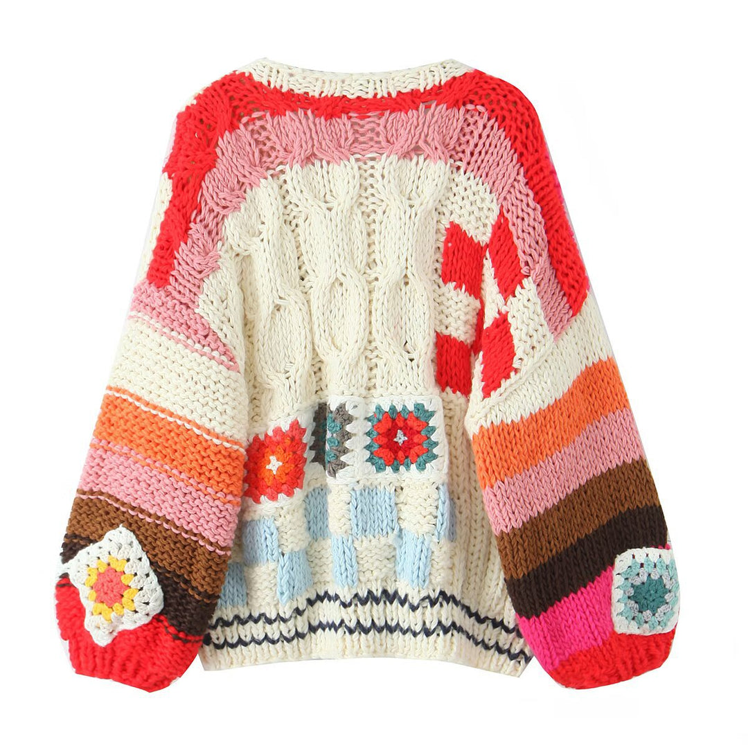 Women Chunky Knit Boho Cardigan with Crochet Patchwork Mune Fashion
