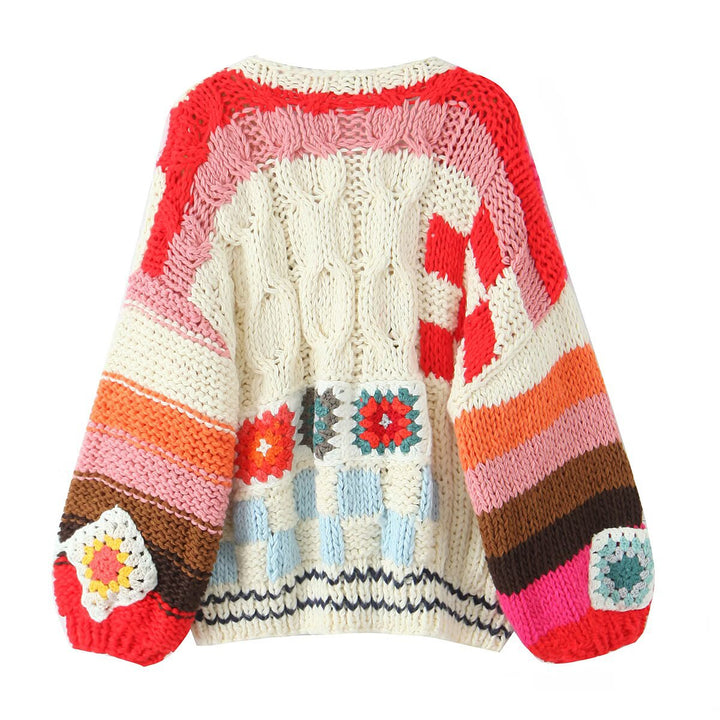 Women Chunky Knit Boho Cardigan with Crochet Patchwork Mune Fashion