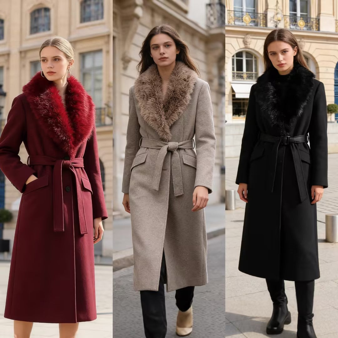 Women's wool coat with removable faux fur shawl collar and belted waist Mune Fashion
