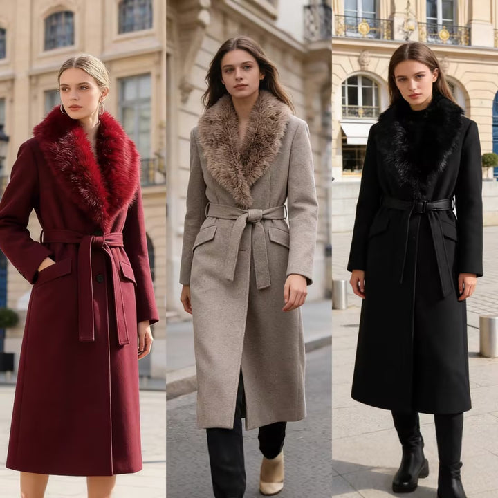Women's wool coat with removable faux fur shawl collar and belted waist Mune Fashion