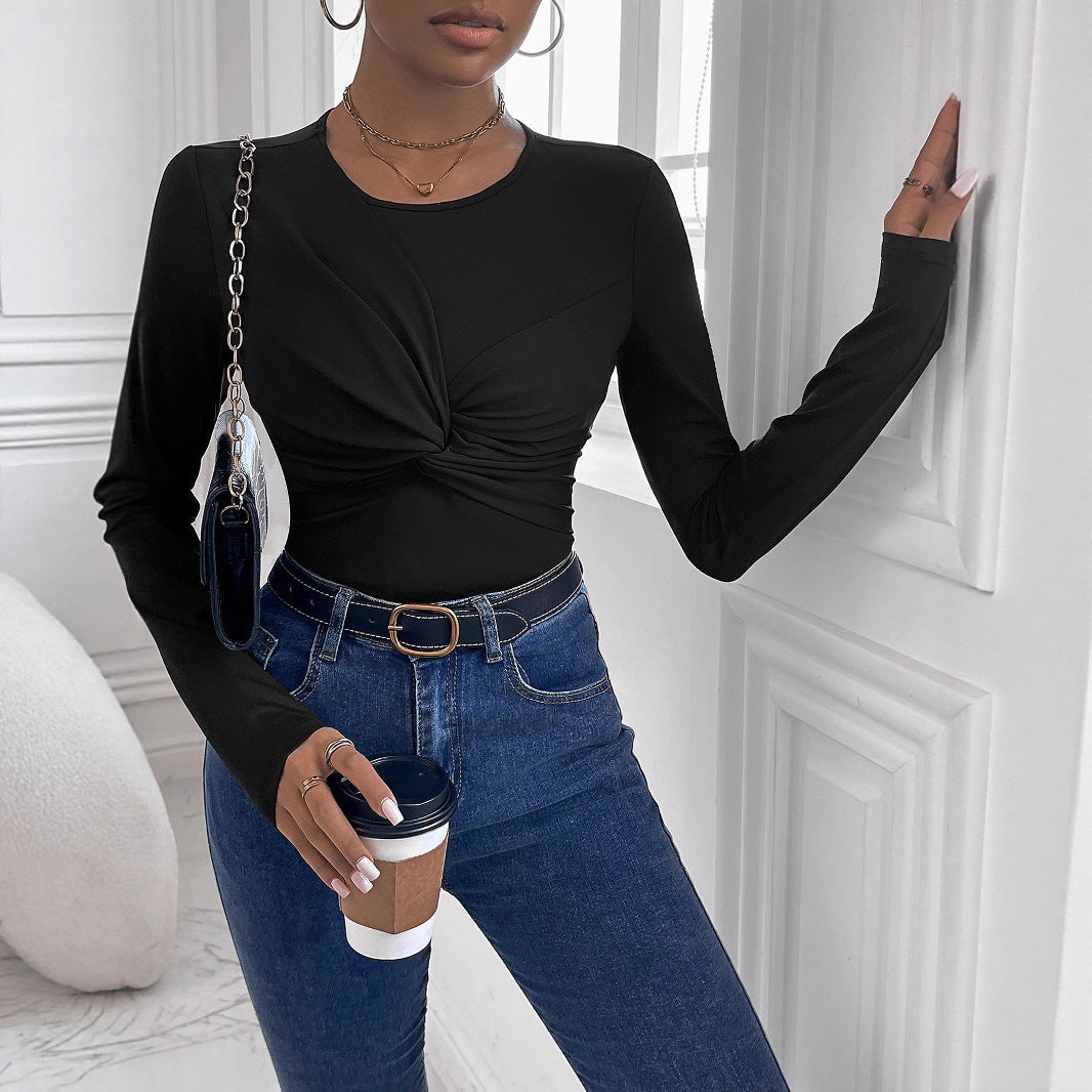 Women Figure-Hugging Long Sleeve Shirt with Twist Detail and Round Neckline Mune Fashion