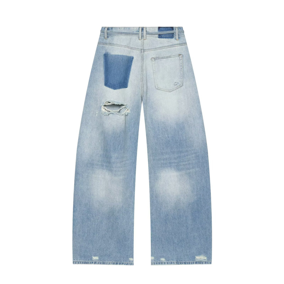 Women High-Cut Wide Denim Jeans with Destroyed Details and Drawstring Mune Fashion
