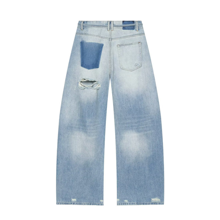Women High-Cut Wide Denim Jeans with Destroyed Details and Drawstring Mune Fashion