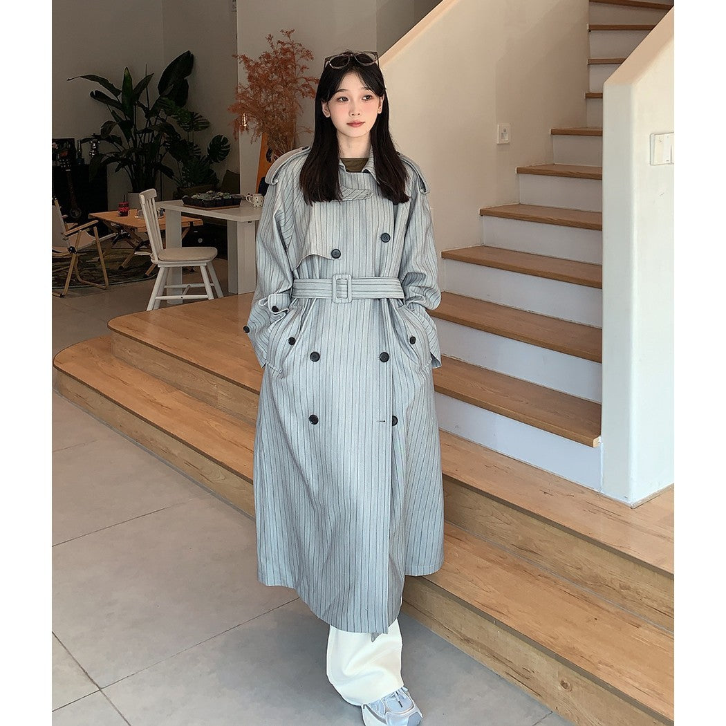 Women’s Long Pinstripe Trench Coat with Tie Belt Shoulder Straps and Flared Hem Mune Fashion