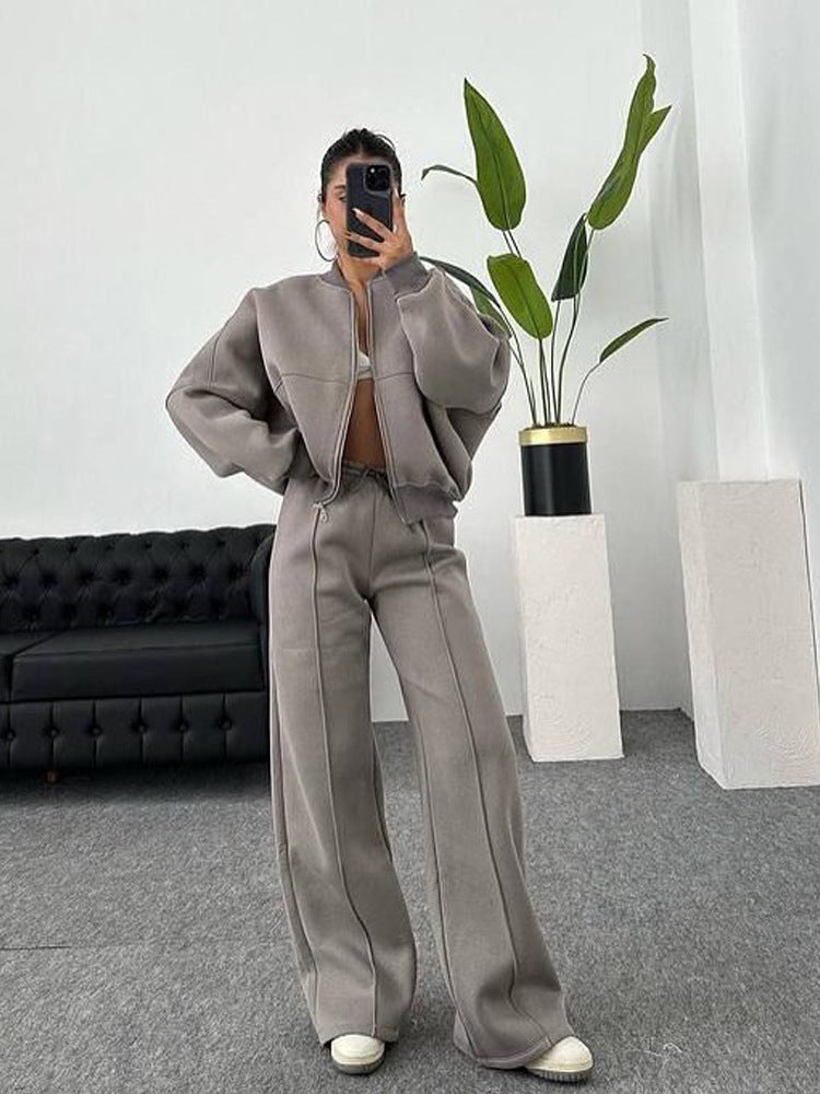 Women's oversized zip-up jacket with wide high-waist lounge pants set Mune Fashion