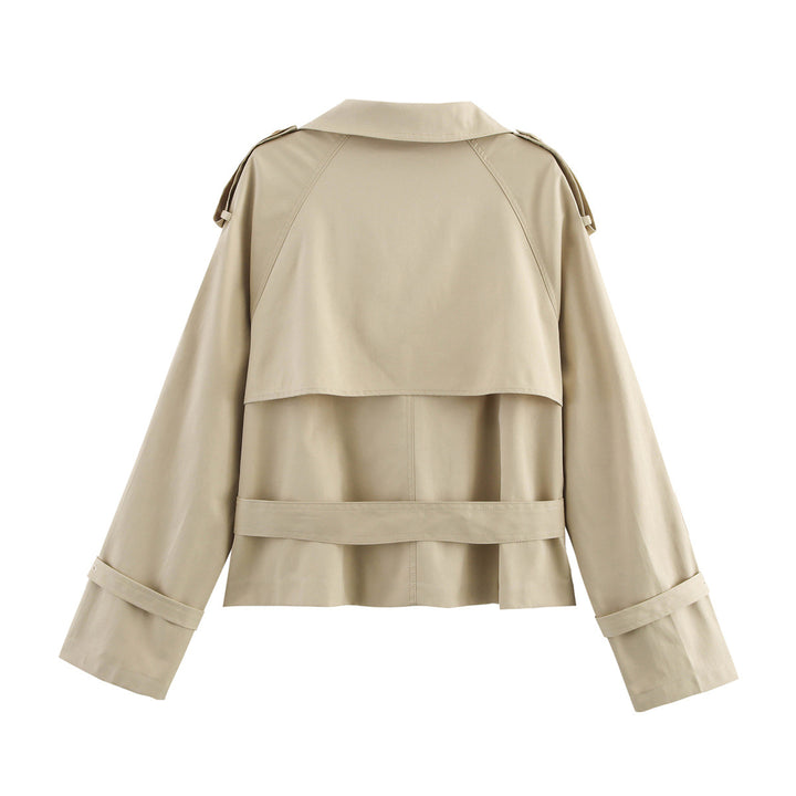Women's Short Trench Coat with Double Breasted, Stand Collar, Epaulettes and Waist Belt Mune Fashion
