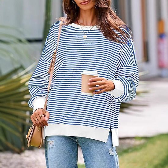 Women Striped Oversize Sweater with Round Neck and Side Slits Mune Fashion